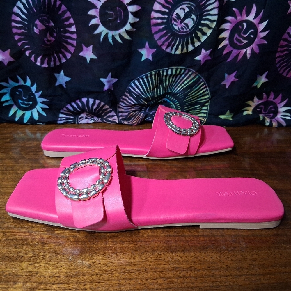 Open Edit Lely Slides Sandals Pink Silver Buckle Square Toe Size 9 Flip Flops - Picture 9 of 13